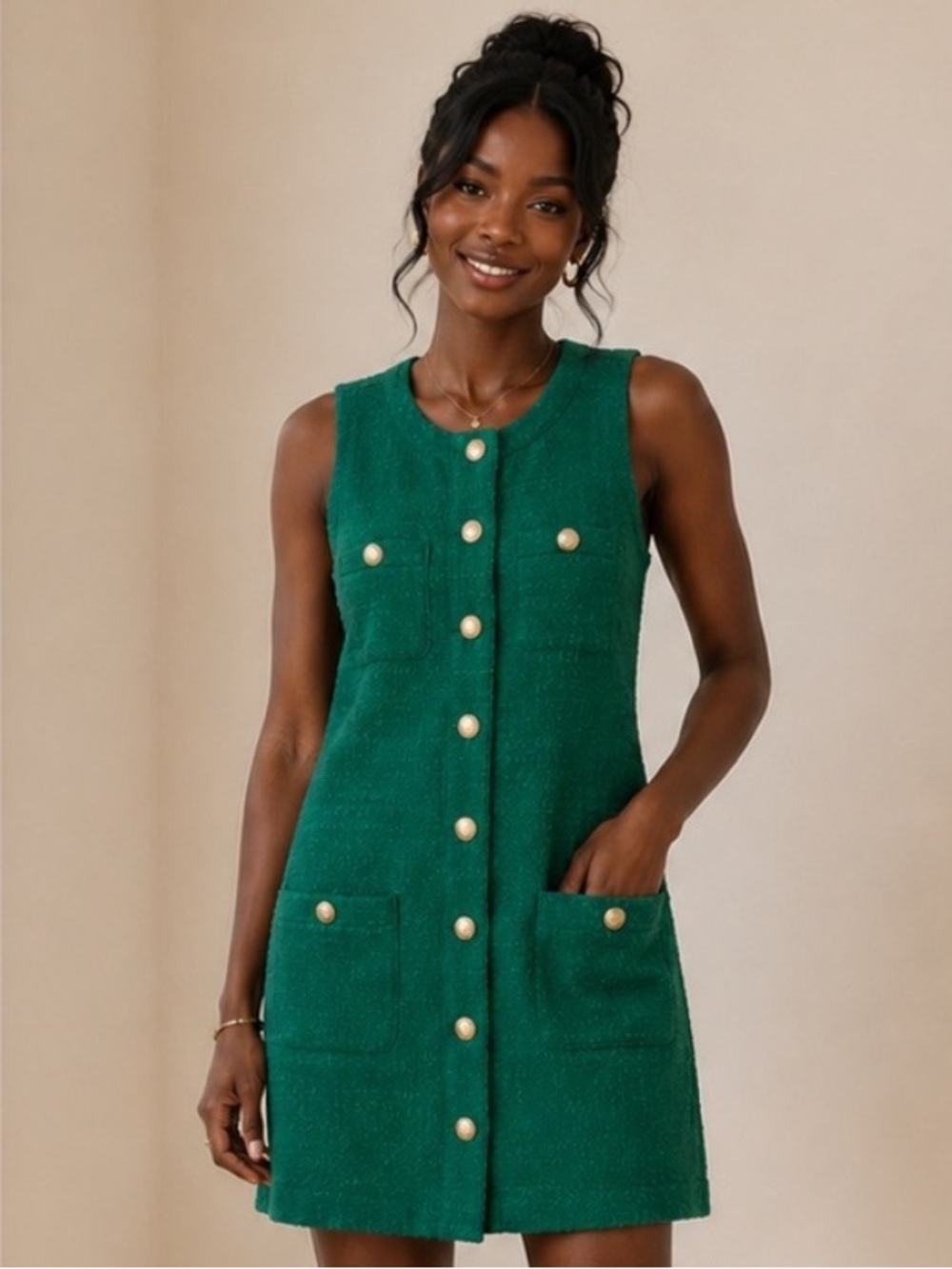 Ann Taylor Sleeveless Green Tweed Button-Front Mini Dress